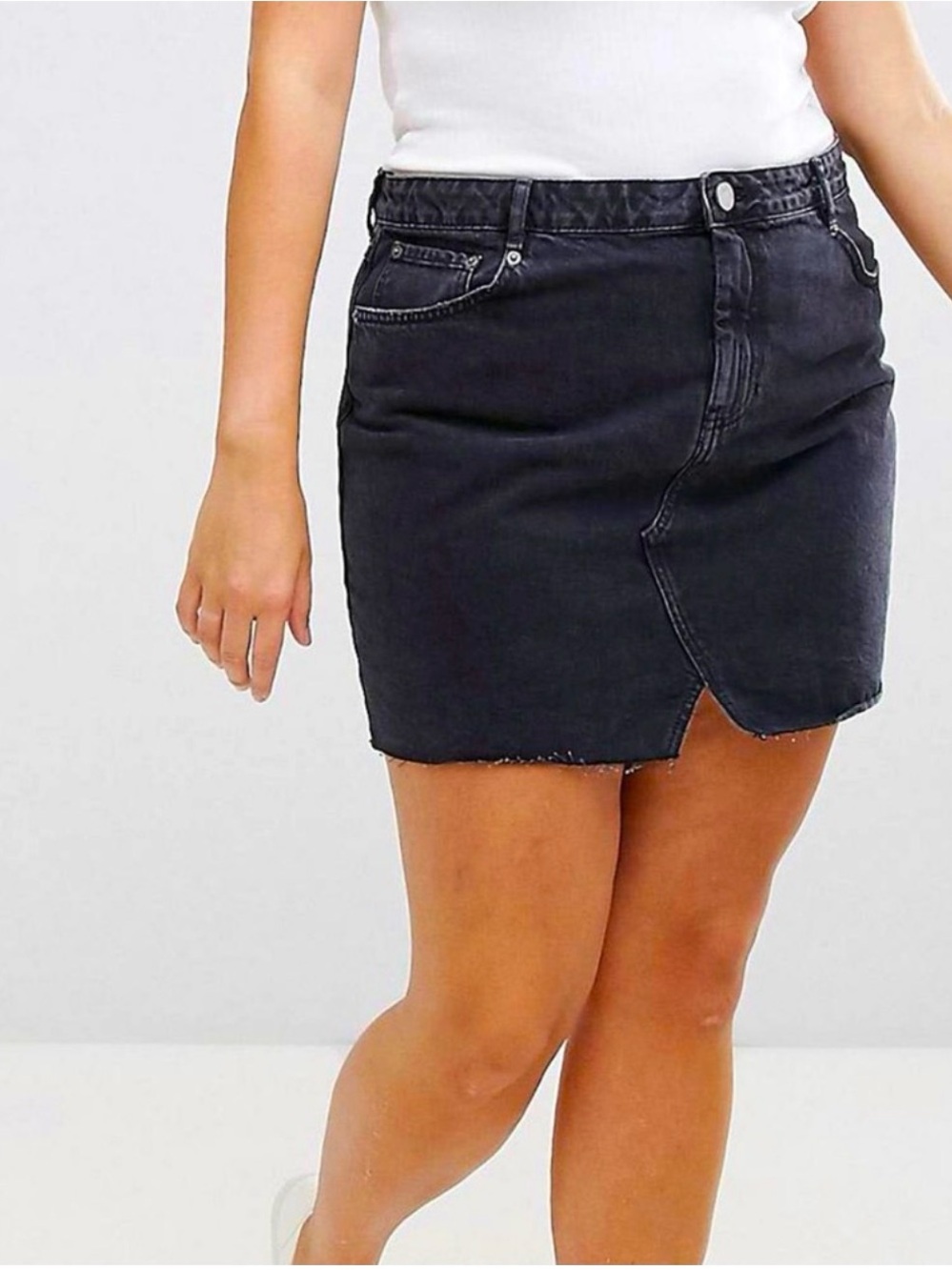 ASOS Curve Washed Black Denim Mini Skirt with Frayed Hem - Pelmet Jean Skirt